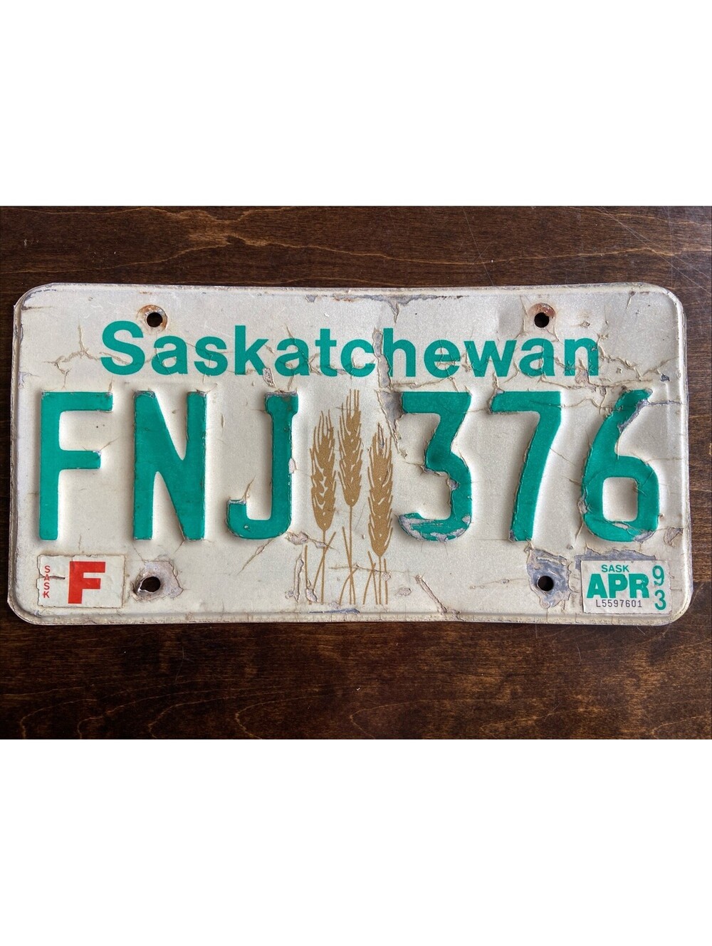 Saskatchewan License Plate SK Canada Vintage Expired Province FNJ 376, 1993